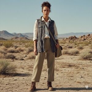Vintage Style Grey Utility Cargo Vest Linen Blend Waist Cinched XL Women Gorpcor